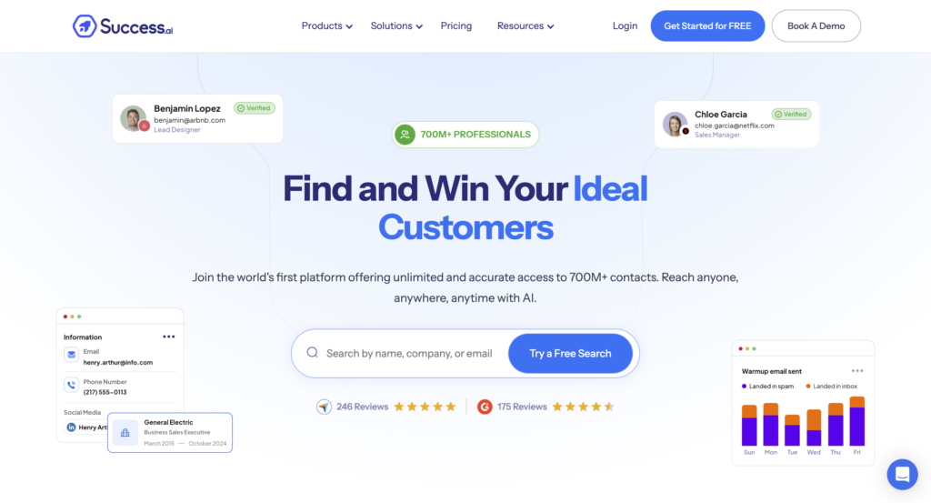 Success.AI homepage showcasing tools for finding ideal customers with AI-powered lead generation and data enrichment.